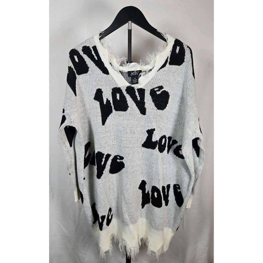 Just Polly Gray White Black Distressed Fringe Knit Pullover Sweater Women's M